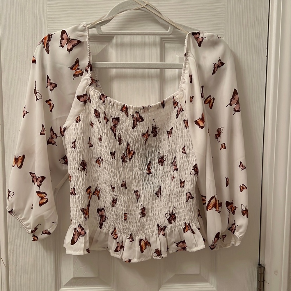 White Paper Crane Top with Butterflies